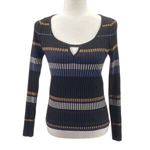 WHBM Ribbed Knit Keyhole Sweater Small Black Blue Stripe